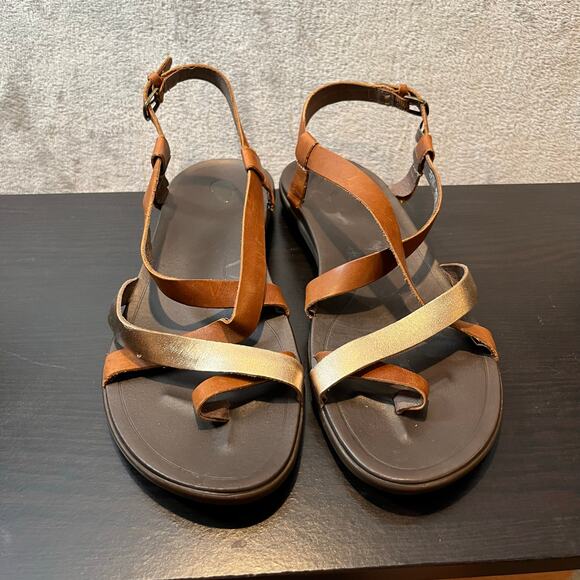 Olukai Upena Leather Strappy Sandals in Mustard & Bubbly Gold Size 10 - Picture 8 of 8